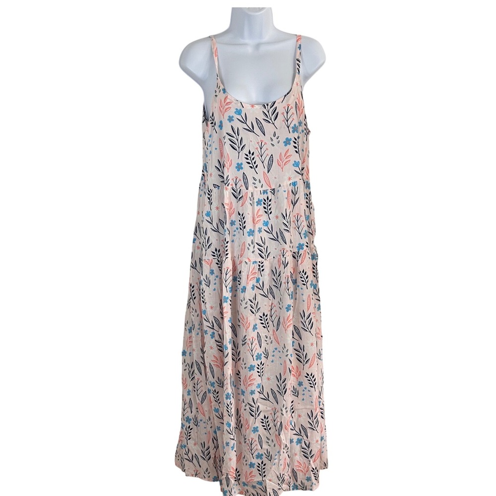 NWT M YESNO Pink Floral Cotton Tiered Maxi Sun Dress Adjustable Straps Peasant